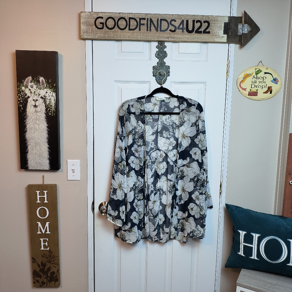 Peach Love California Sheer Open Front Cardigan Kimono S Blue Floral Cottagecore